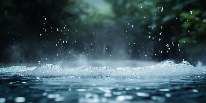 Raindrops falling on a calm water surface, creating ripples and splashes, surrounded by lush greenery, capturing the essence of a serene natural environment