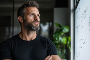 Thoughtful man with beard in black t-shirt stands in modern office, gazing at whiteboard filled with sketches, contemplating creative ideas and solutions for projects