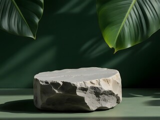 Stone podium display with lush green leaves for vibrant product showcase, offering an elegant and natural aesthetic, perfect for beauty and wellness branding