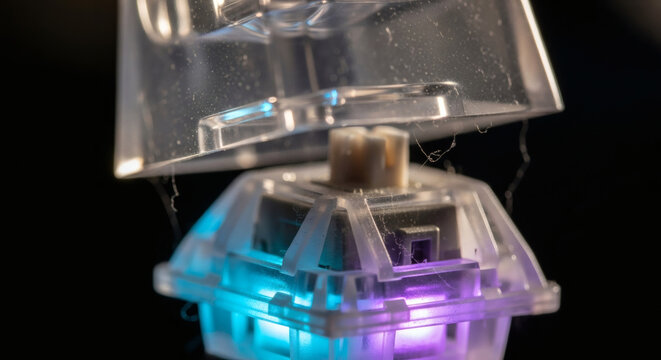 Customize Your Keyboard: Close-up of a Mechanical Switch with Vibrant Blue and Purple Lighting, Perfect for Gaming and Tech Enthusiasts
