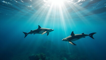 Obraz premium Two Sharks Swimming Gracefully Underwater