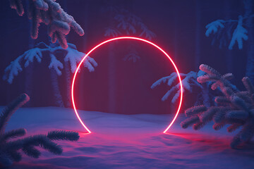 Glowing neon circle in a snowy forest at night