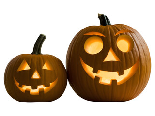 Two glowing carved halloween pumpkins isolated on transparent background
