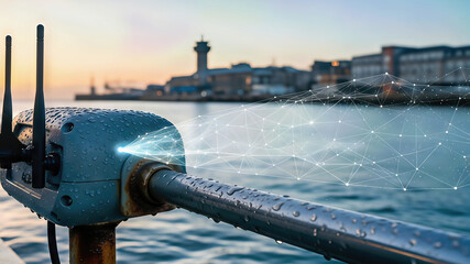 Marine router installed on trawler railing connects to translucent network over seawater at dawn. Depicts future technology for global communication and advanced network infrastructure.
