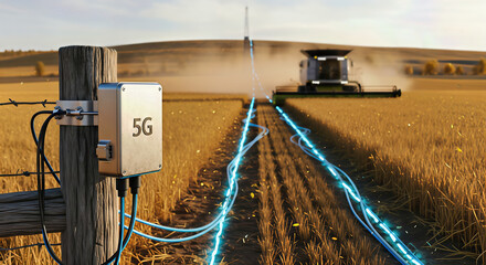 Antenna and 5g connection are shown in autumn farm field, concept of telecommunication infrastructure, satellite connection, and wireless networks. Digital technologies improve rural farm management.