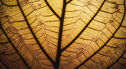 Obraz premium Detailed, ethereal leaf veins reveal nature's intricate artistry and organic beauty, perfect for botanical designs and autumnal themes, golden elegance