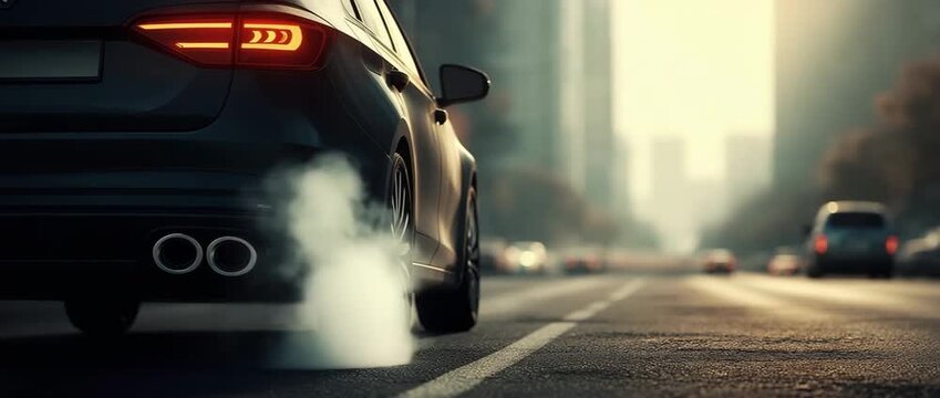 Black smoke from a car exhaust pipe on the road draws attention to air pollution issues and their effects on the environment.