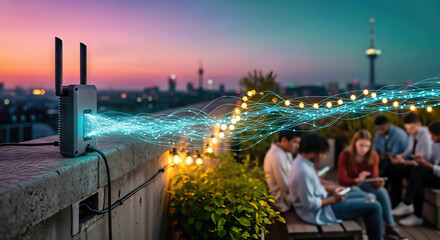 Wireless device broadcasts data to group of people at twilight, representing advanced communication infrastructure, 5g and 6g networking. People are using digital devices at dusk,