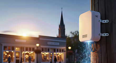 5G cell mounted on wooden pole emits warm light near pedestrians, hinting at technological advancement, future networks, and better mobile connection in urban settings.