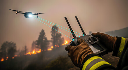 Drone hovers over wildfire at dusk, controller in gloved hands directing translucent cyan lines, representing advanced technology for disaster management and 5G network capabilities.