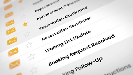 Email inbox listed with emails about booking and appointments 4k video animation