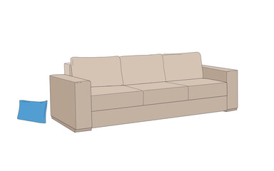 Modern beige sofa with blue cushion on floor, minimalist illustration isolated on white