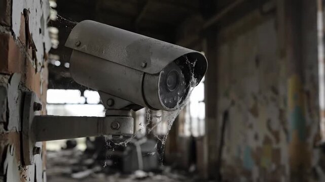 Security camera mounted on damaged brick wall in abandoned space