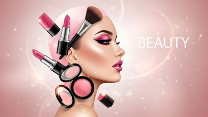 Pink beauty glamour with glowing makeup, flowers, butterflies, and cosmetics