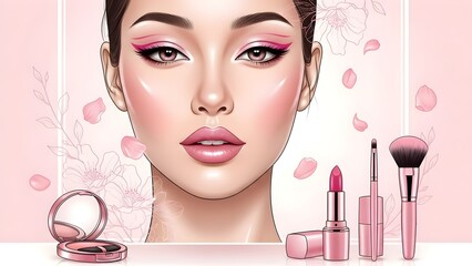 Pink beauty glamour with glowing makeup, flowers, butterflies, and cosmetics