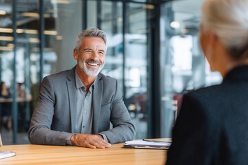Mature man with gray hair in a suit is smiling during a business meeting at a modern office, showcasing professional interaction and positive communication
