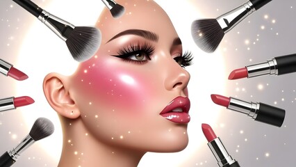 Pink beauty glamour with glowing makeup, flowers, butterflies, and cosmetics