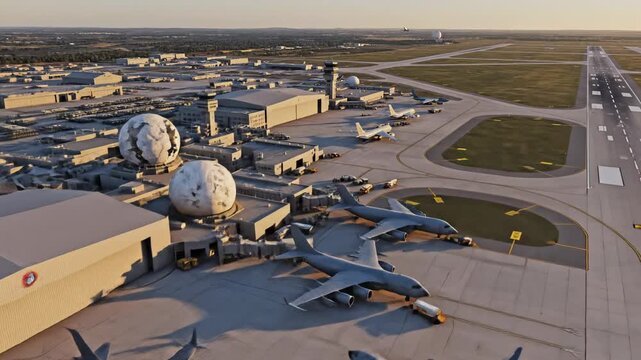Aerial view of a large airbase with multiple military transport aircraft parked on the tarmac, surrounded by buildings and spherical radar domes.