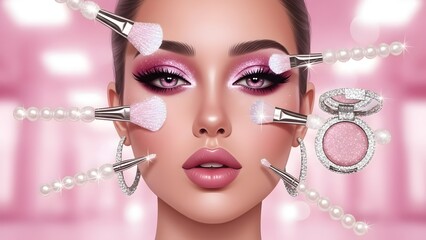 Pink beauty glamour with glowing makeup, flowers, butterflies, and cosmetics