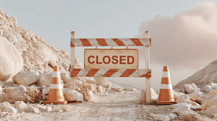 Closed road in a rocky desert setting with a barrier and traffic cones and a CLOSED sign in the foreground