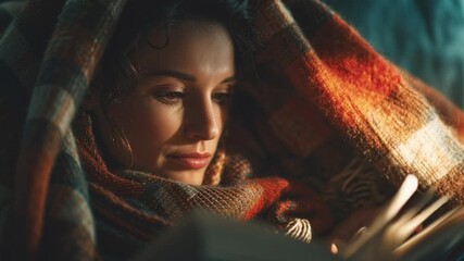 Imaginative reading habit with woman lost in story under cozy blanket, cinematic composition with gentle sunlight, atmosphere of mindfulness and escape, emotional connection to pages of fantasy.