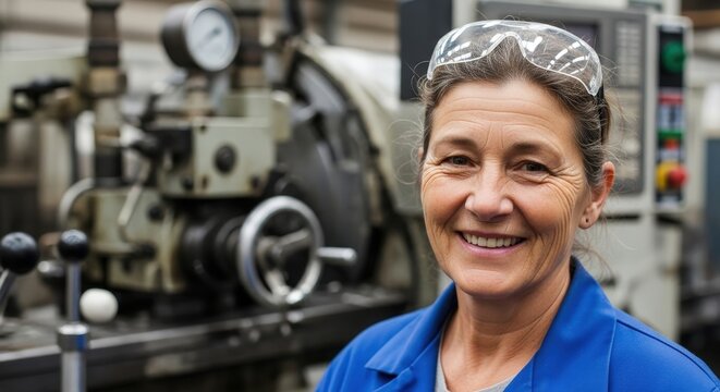 Smiling woman wearing safety glasses and blue uniform stands in an industrial workshop