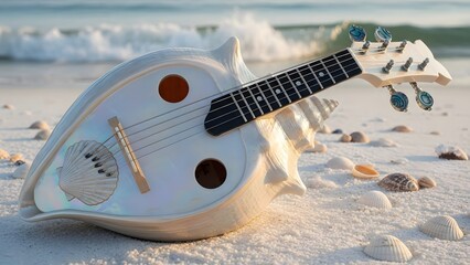 Creative Concept of a Small Guitar Made Entirely from a Large Seashell, Lying on a Sunny Beach with Ocean Waves and Scattered Shells in the Background