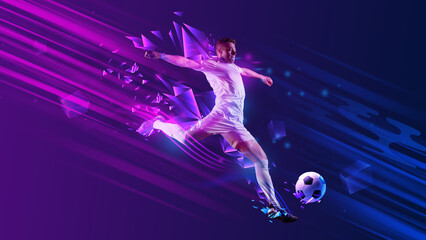 Dynamic sports artwork of male footballer kicking ball in neon shards. Concept of digital motion graphics, sports advertising, energetic promo visuals, esports branding, athletic performance art.