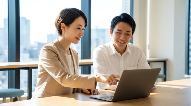 Two young Asian business people working together on a laptop collaborating in a modern office with city views in the background