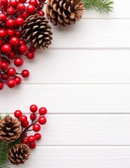 Festive christmas background creating a merry holiday season border on white wooden planks, copy space for winter greetings and seasonal messages copy space marketplace product card background