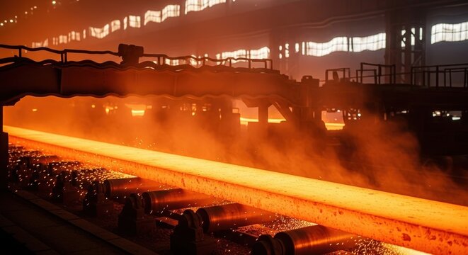 Hot metal slab moving on conveyor rollers in a steel mill, glowing bright orange, creating sparks and smoke