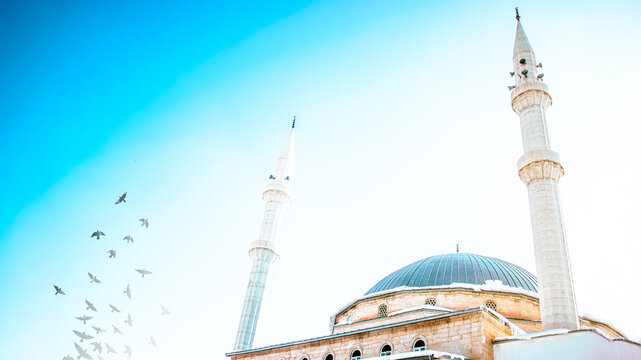 Islamic or Ramadan background for Elegant mosque with minarets and birds in Haci Osman Efendi Mosque