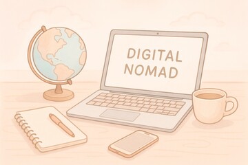 Digital nomad lifestyle with laptop, globe, and coffee cup on a desk