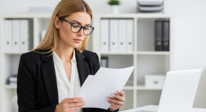 Focused businesswoman reading documents in modern office