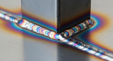 Close up of a colorful metal weld joint with iridescent heat tint on a metallic surface showing a precise fabrication detail