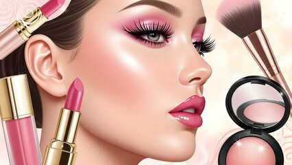 Pink beauty glamour with glowing makeup, flowers, butterflies, and cosmetics