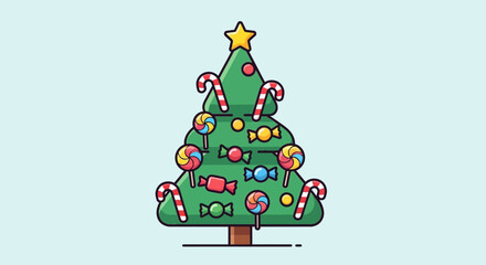Cute cartoon christmas tree decorated with various colorful candy