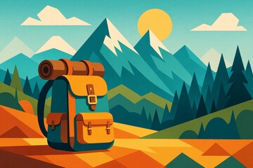 Colorful illustration of a backpack in a mountain landscape under a bright sun