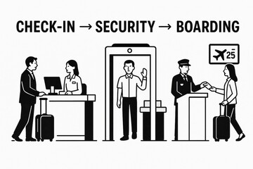 Airport travel process: check-in, security check, and boarding illustrated in a simple graphic