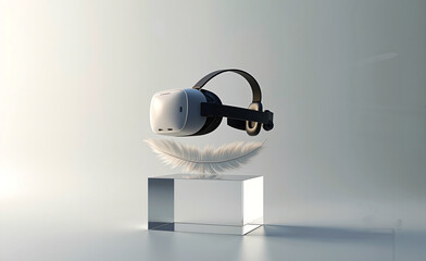 Modern VR headset floating above a soft white feather, symbolizing lightness and innovation in futuristic minimalist technology design.