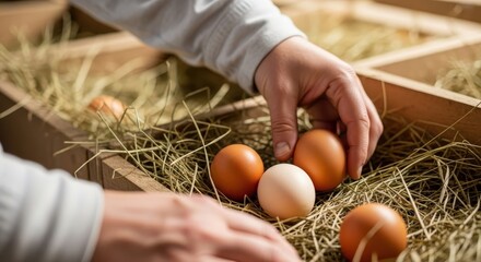 Close up of hands gently collecting fresh brown and white eggs from a straw-filled wooden crate