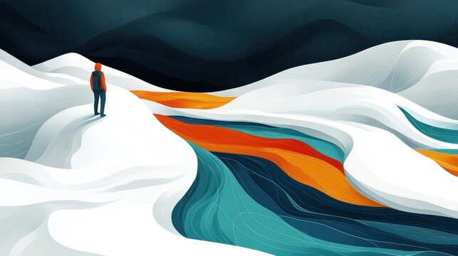 A solitary figure stands atop a snow-capped mountain range, gazing out at a vibrant, flowing landscape of ochre and teal colors.