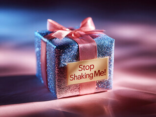 Sparkling Christmas Gift With Joke Message for Holiday Fun. Soft focus. Perfect for festive holiday posts, greeting cards, Christmas and Happy New Year campaigns