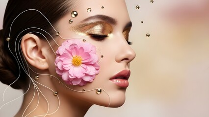 Pink beauty glamour with glowing makeup, flowers, butterflies, and cosmetics