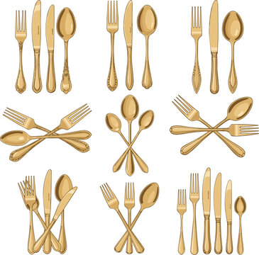 Create a kinds of deferent Gold cutlery set with fork knife and spoon vector art with white background..