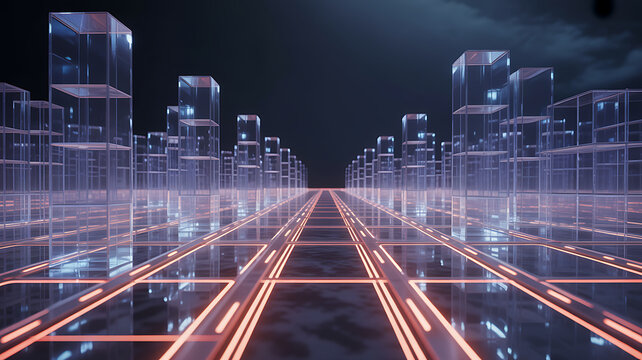 Abstract Futuristic Cityscape with Glowing Grid and Glass Buildings, Cyberpunk Style, Digital Art, Modern Architectural Design, Urban Planning Concept