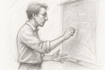 A detailed pencil sketch of a professor writing on a chalkboard in a classroom setting