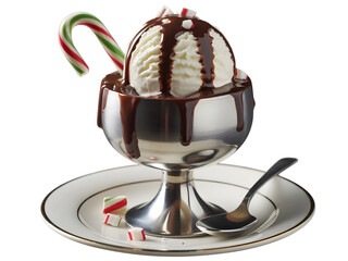 Delicious vanilla ice cream sundae with chocolate syrup and candy cane isolated on transparent background