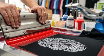 Worker hands pushing squeegee with red ink onto screen printing frame creating custom skull design on black t-shirt in print shop