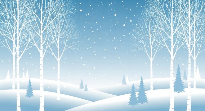 Beautiful winter landscape white birch trees, snowcovered hills, falling snowflakes under a clear blue sky